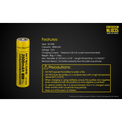 Accus Nitecore Li-ion 18650 - 3500mAh - 3,6V - 12.6Wh Sous Blister NL1835 Features