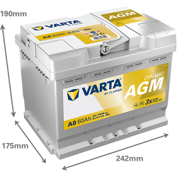 Batterie Auto Varta A8 AGM / xEV 12V 60Ah L2 Dimensions