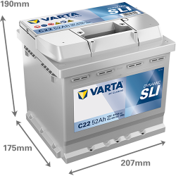 Batterie Auto VARTA Dynamic SLI C22 12V 52Ah 470A 552400047 Dimensions